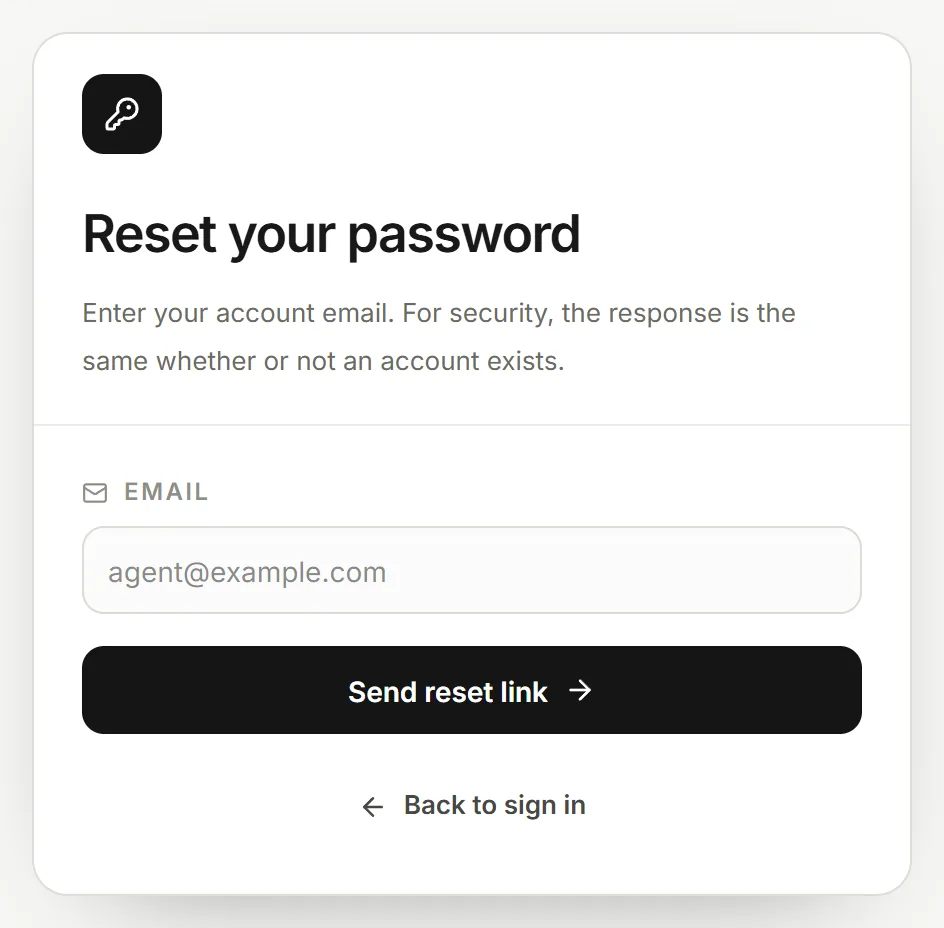 The Reset your password card with an Email field and the Send reset link button