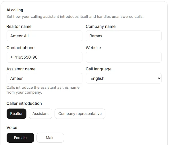 The AI calling card with Realtor name, Company name, Contact phone, Website, Assistant name, Call language, Caller introduction and Voice