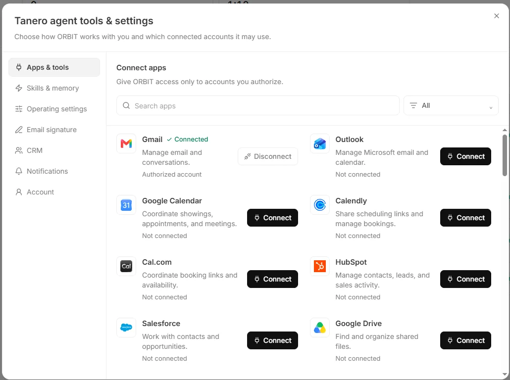 Apps & tools with the search box, the filter and app cards with Connect or Disconnect