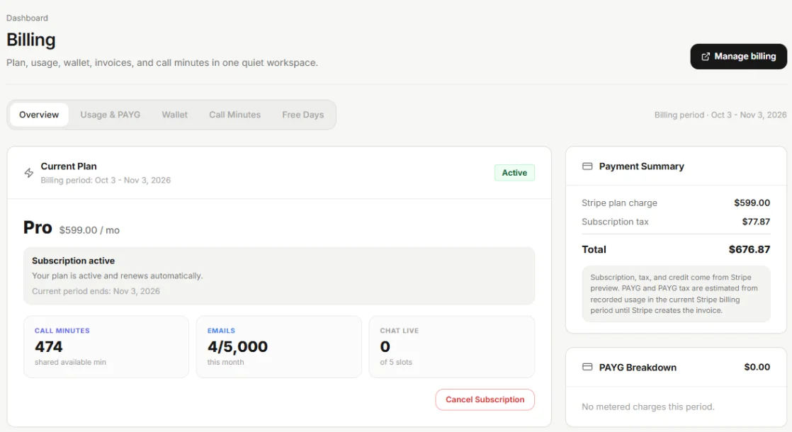 Billing with the current plan, the Payment Summary and Cancel Subscription