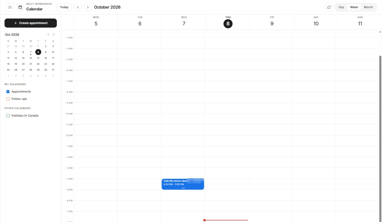 The Calendar week view with Create appointment, the month picker and the Appointments, Follow-ups and Holidays in Canada layers