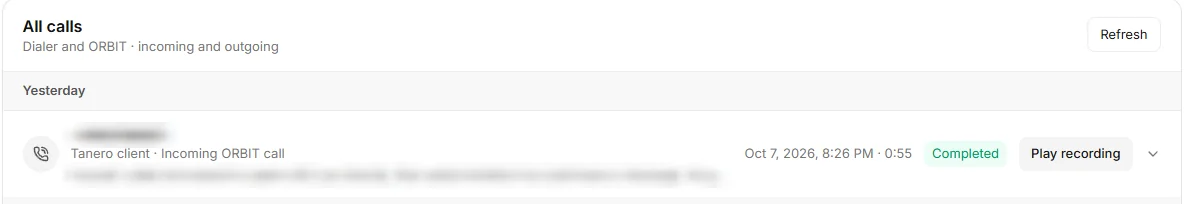Call history with an incoming ORBIT call, its status and the Play recording button