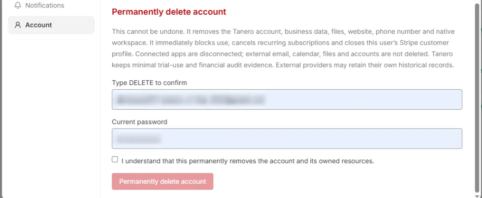 Permanently delete account with the warning, Type DELETE to confirm, Current password, the I understand checkbox and the delete button