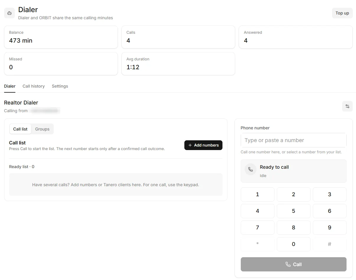 The Realtor Dialer with the call list, the Phone number box, the keypad and the Call button