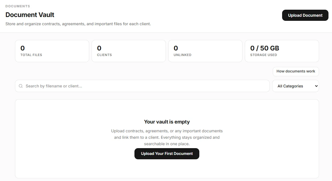 The Document Vault with Upload Document, the totals, the search box and the category filter