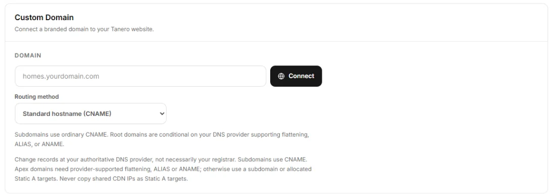 Custom Domain with the Domain box, the Connect button and the Routing method