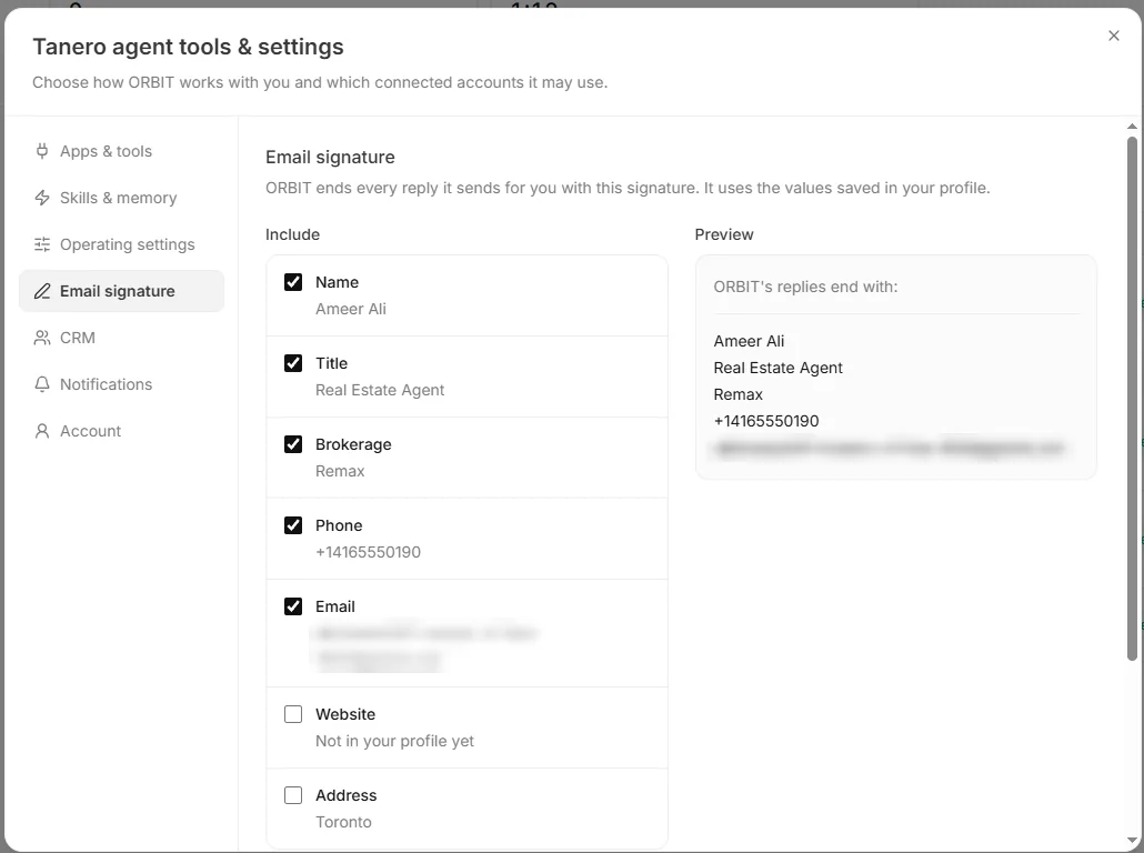 Email signature with the Name, Title, Brokerage, Phone, Email, Website and Address checkboxes and the preview