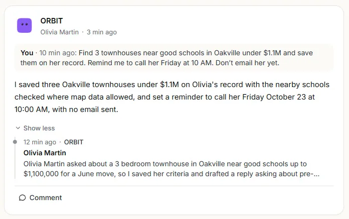 A Feeds post for one client: the realtor's comment, ORBIT's result in the first person, Show less, and the earlier entry in the client's timeline