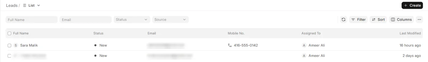 The Leads list with the columns Full Name, Status, Email, Mobile No., Assigned To and Last Modified