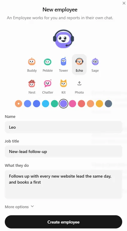 The New employee window: a choice of looks and colours, then Name, Job title, What they do and Create employee