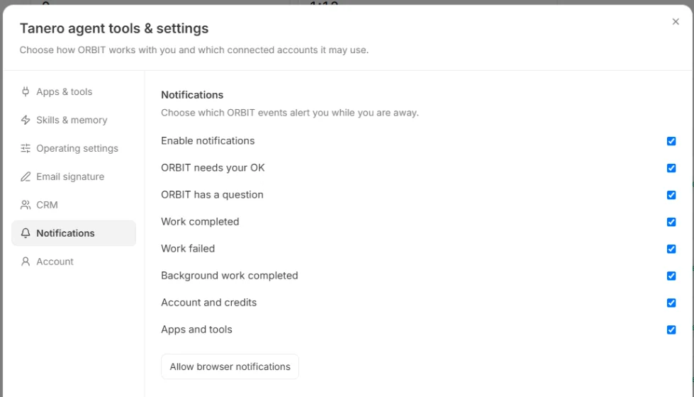 Notifications settings with Enable notifications, seven kinds and Allow browser notifications