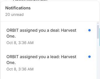 The Notifications panel with 20 unread and two notifications from ORBIT