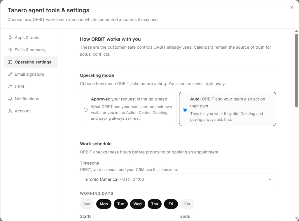 Operating settings with the Operating mode choices Approval and Auto
