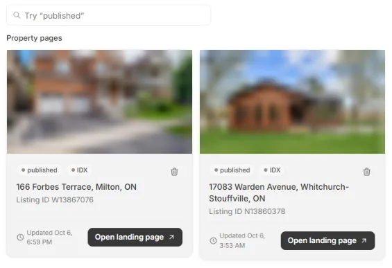 Property pages with two published listing pages, each with Open landing page and a delete icon