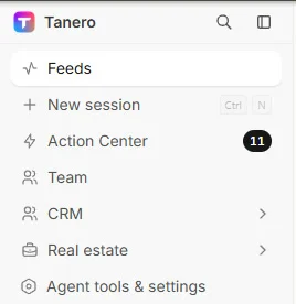The Tanero sidebar with Feeds, New session, Action Center, Team, CRM, Real estate and Agent tools & settings