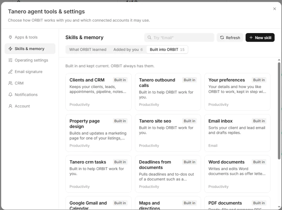 Skills & memory with the tabs What ORBIT learned, Added by you and Built into ORBIT, and the New skill button