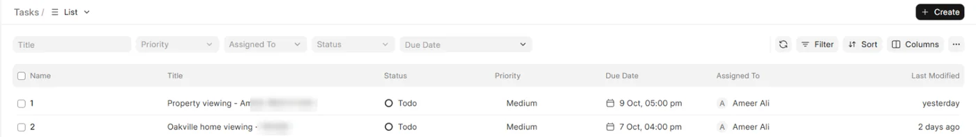 The Tasks list with the columns Title, Status, Priority, Due Date and Assigned To