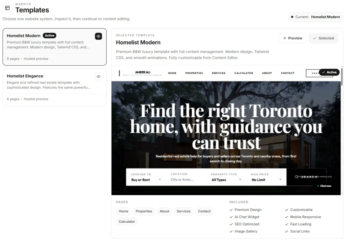 Site Templates with Homelist Modern (Active) and Homelist Elegance, the preview, the pages and what is included