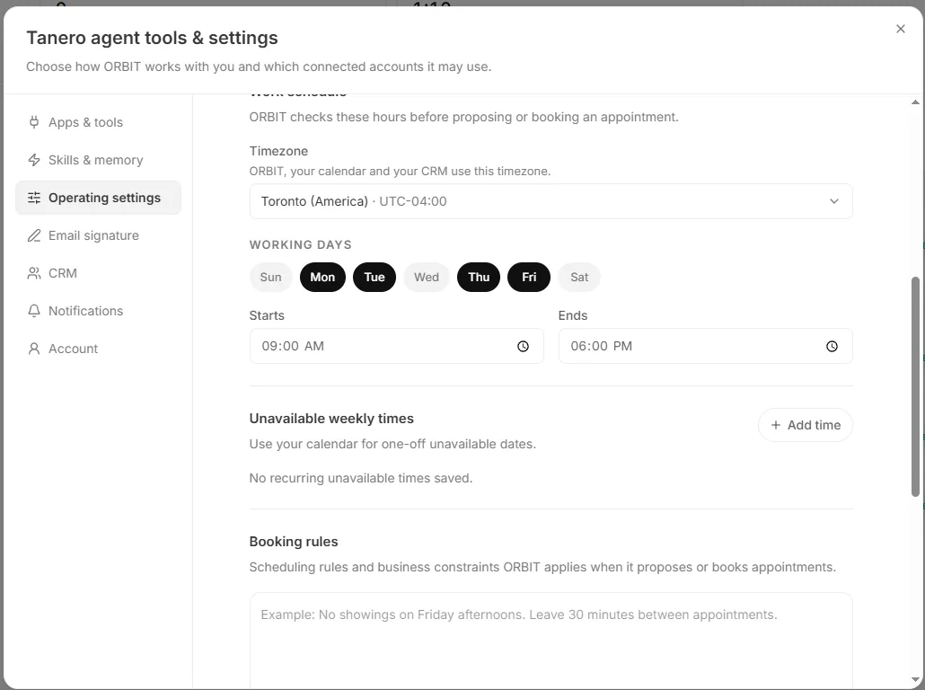 Work schedule with the timezone, working days, start and end times, Unavailable weekly times and Booking rules