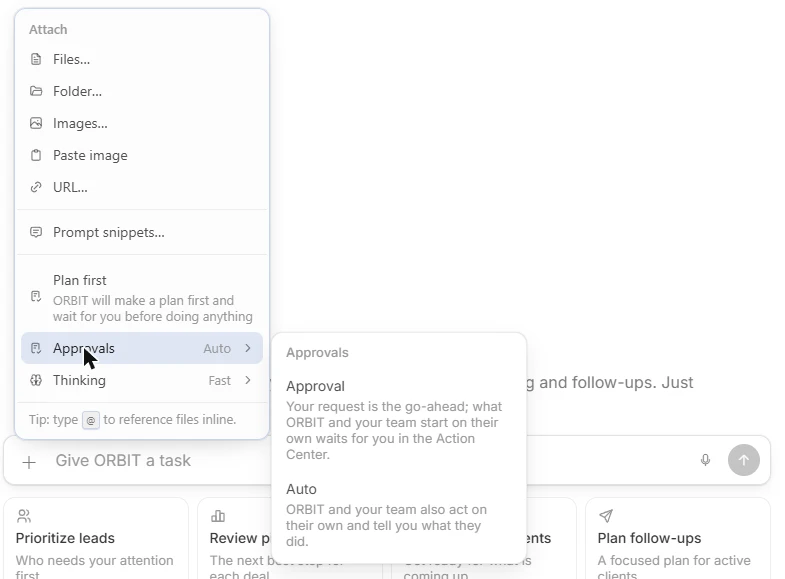 The + menu in the message box with Approvals open: Approval and Auto, each with its description