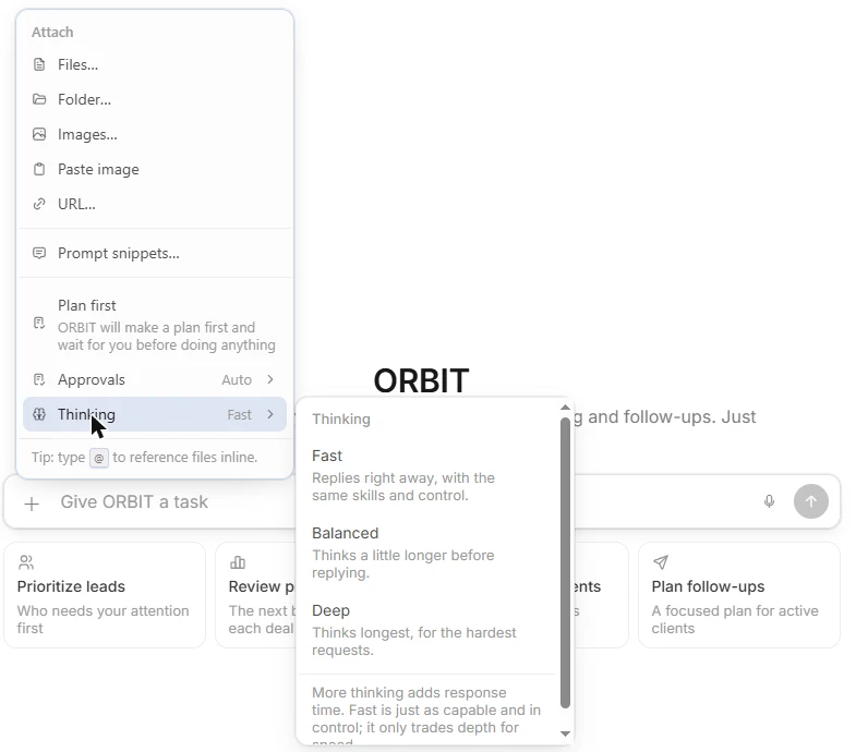 The + menu in the message box with Thinking open: Fast, Balanced and Deep, and a note that more thinking adds response time
